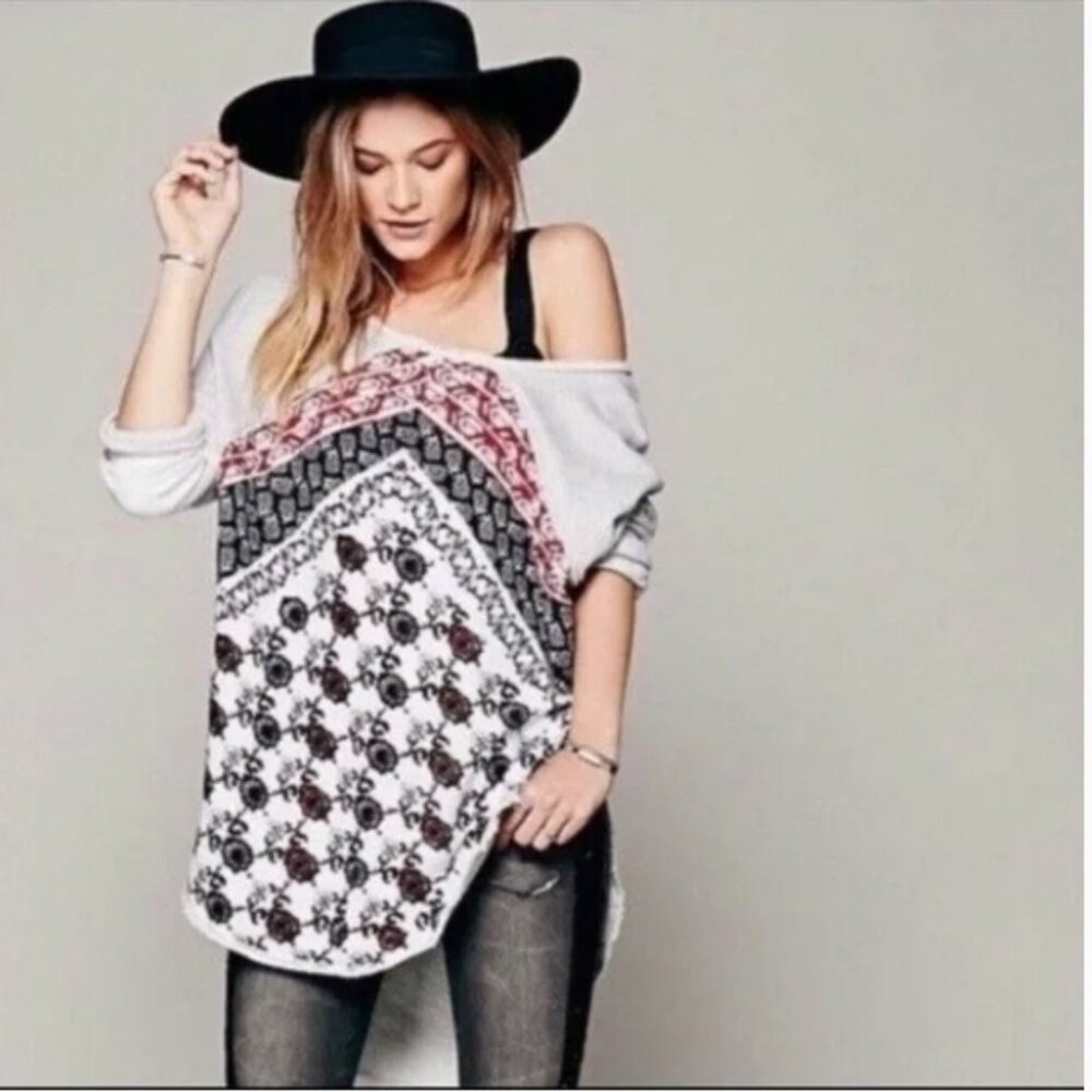 We The Free White Long Sleeve Boho Bandana Print Tee with Black and Red Accents